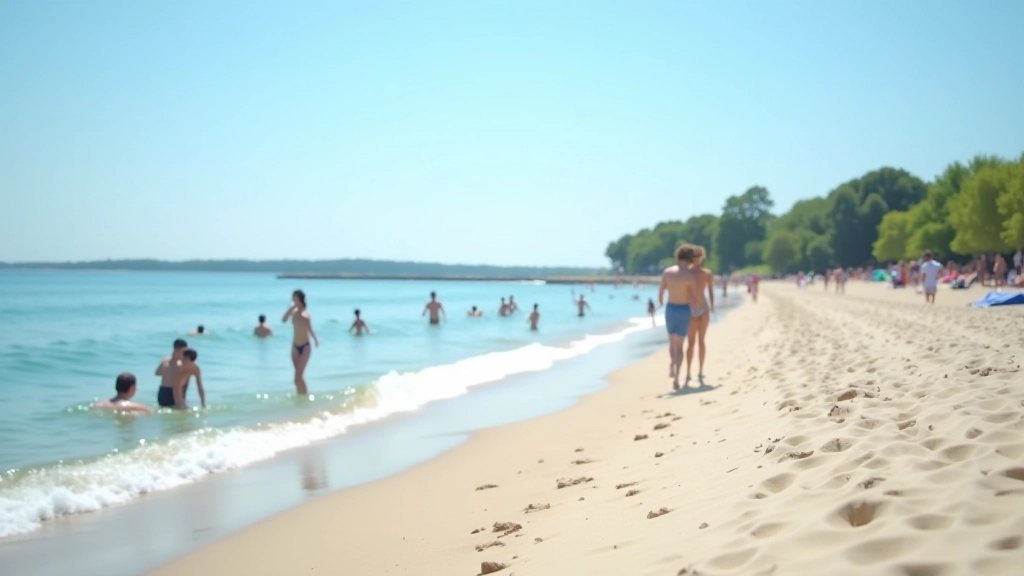 Sunny beach day with swimmers and beachgoers enjoying the Baltic Sea shoreline