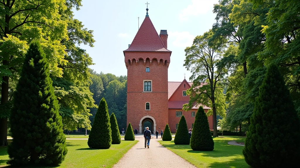 Red brick tower of Turaida Castle with visitors walking on stone paths, forest background, summer sunlight