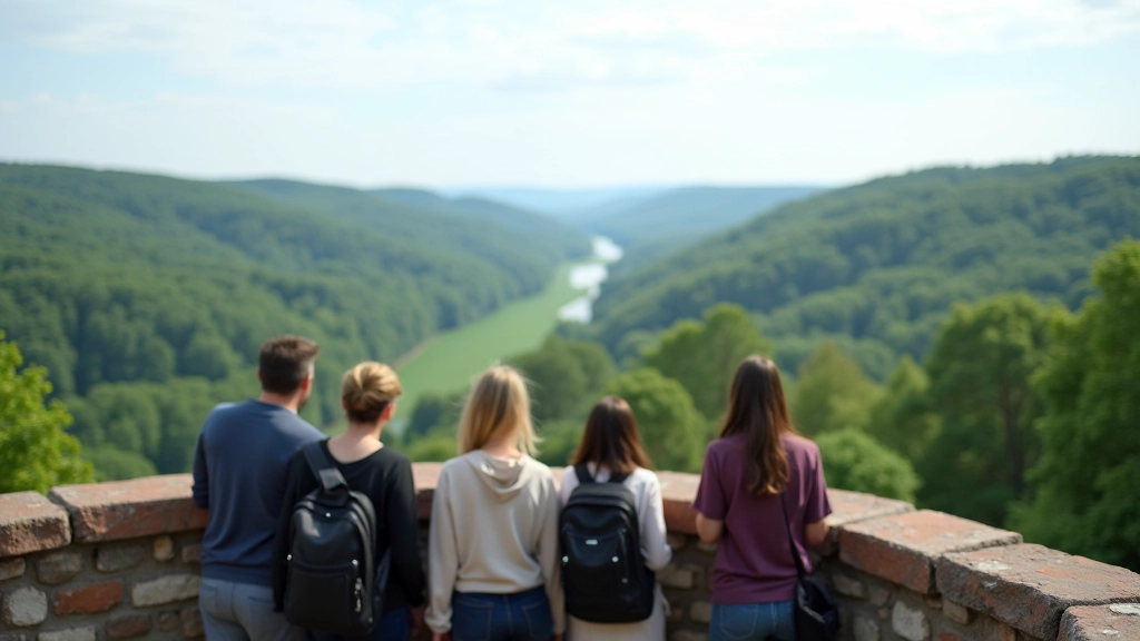 Visitors at Turaida Castle viewpoint overlooking Gauja Valley landscape with green forests and river