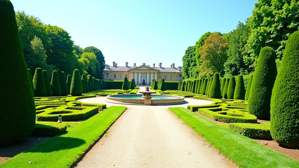 Formal baroque garden with symmetrical hedges, gravel pathways, and manicured lawn