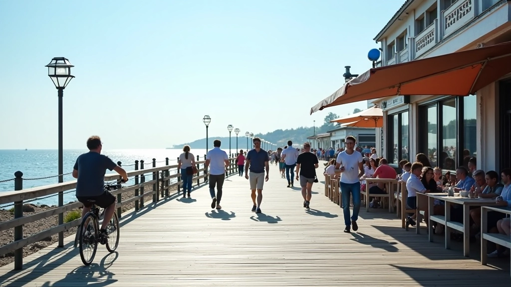 Wooden beachfront boardwalk with colorful buildings and people strolling along the shore