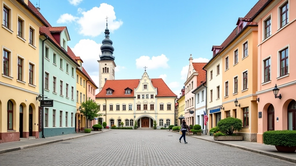 Charming historic town square in Kuldīga with colorful traditional architecture and cobblestone streets