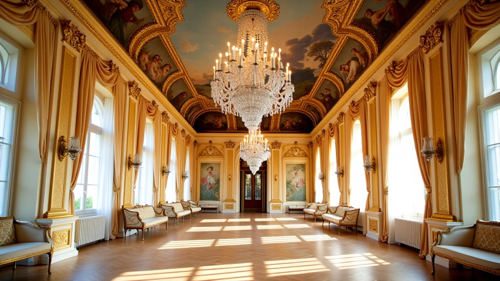 Ornate baroque interior room with crystal chandelier and painted ceiling details