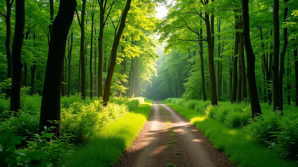 Serene forest hiking trail with natural lighting and peaceful woodland atmosphere