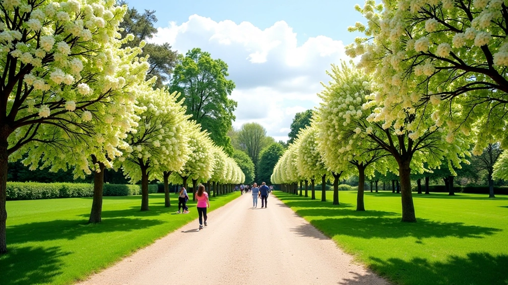 Garden pathways with flowering trees, green lawns, and visitors walking in comfortable attire