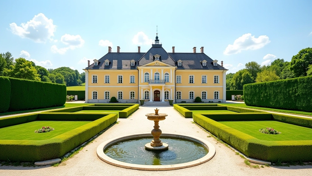 Wide view of palace building with gardens in foreground, manicured hedges and fountain