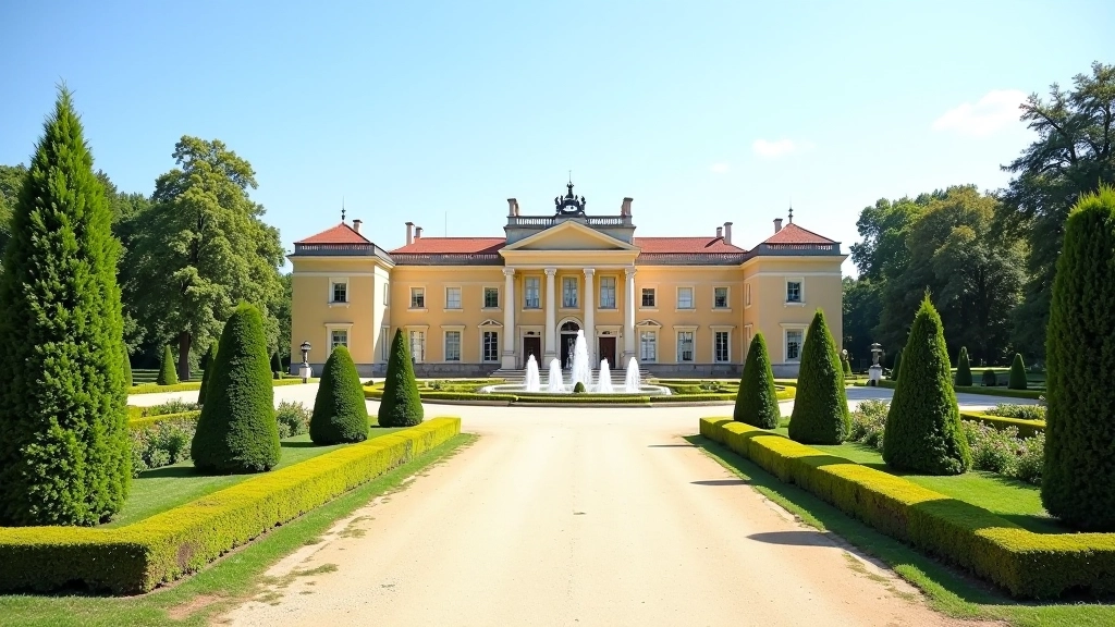 Historic Rundāle Palace exterior with manicured gardens and fountain in summer daylight