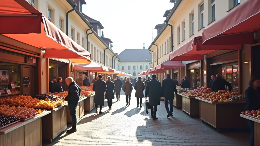 Talsi town square with local market stalls and traditional buildings on hillside