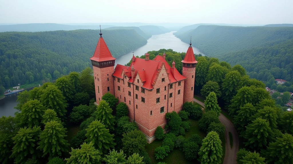 Historic Turaida Castle overlooking forested valley and Gauja River