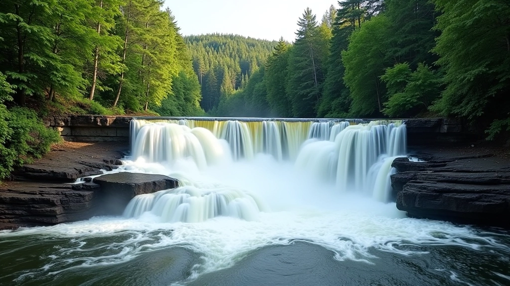 Wide Venta Rapid waterfall flowing across Kuldīga with river rocks and forested banks